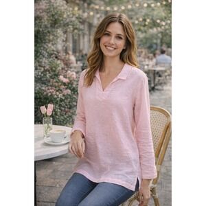 C&C California Womens 1X Pink 100% Linen Long Sleeve Tunic Top